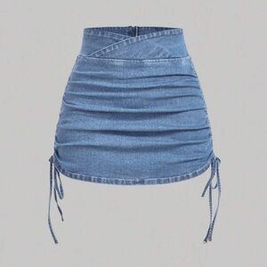 New Denim Ruched Drawstring Mini Skirt - Blue M
